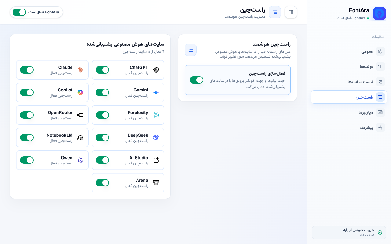 تنظیمات راست‌چین هوشمند فونت‌آرا